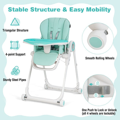 Folding Baby High Chair with Lockable Wheels and Removable Trays and Cushion-Green