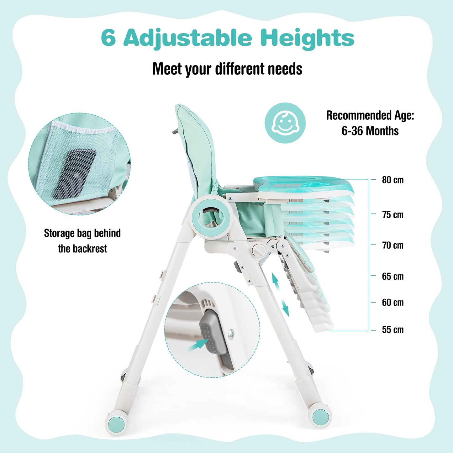 Folding Baby High Chair with Lockable Wheels and Removable Trays and Cushion-Green
