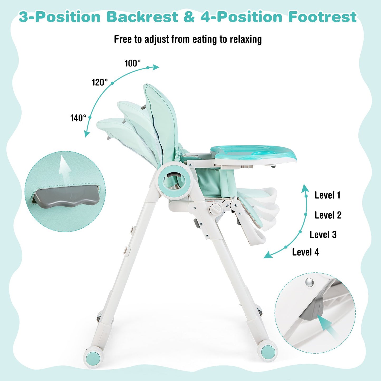Folding Baby High Chair with Lockable Wheels and Removable Trays and Cushion-Green