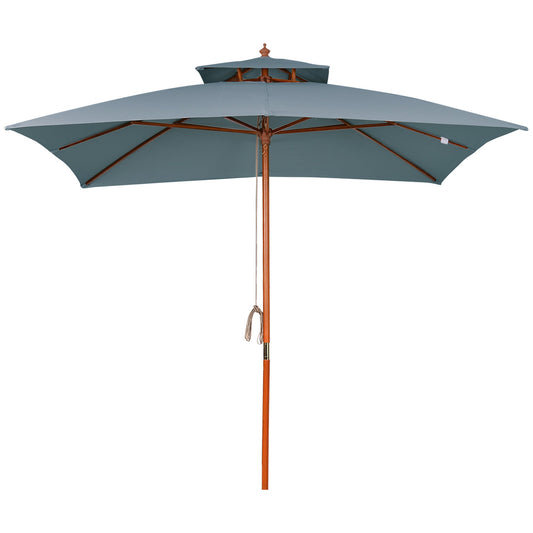 Outsunny 3x3(m) Wood Square Patio Umbrella Garden Market Parasol Sunshade Canopy with 2 Pulley Pagoda Style Dark Grey