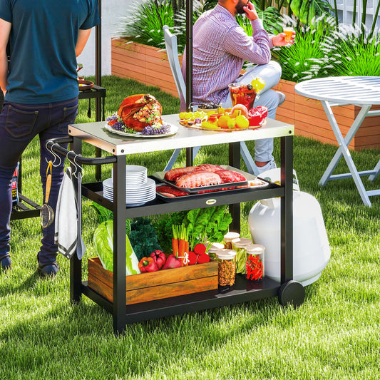 Outsunny Outdoor Grill Dining Cart 3-półkowy ruchomy stół do pieczenia pizzy ze stalowym blatem, przenośny wózek do grilla, stacja do przygotowywania żywności na zewnątrz, kuchnia, stacja do grillowania z haczykami, kółka, uchwyt, antracytowy