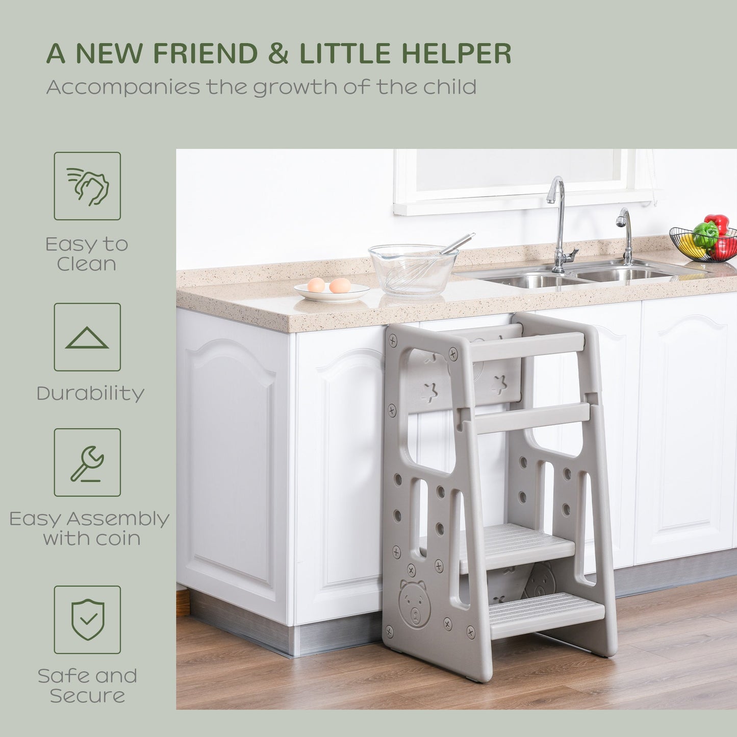HOMCOM Kids Step Stool, with Adjustable Platform and Non-Slip Mat Ð Grey