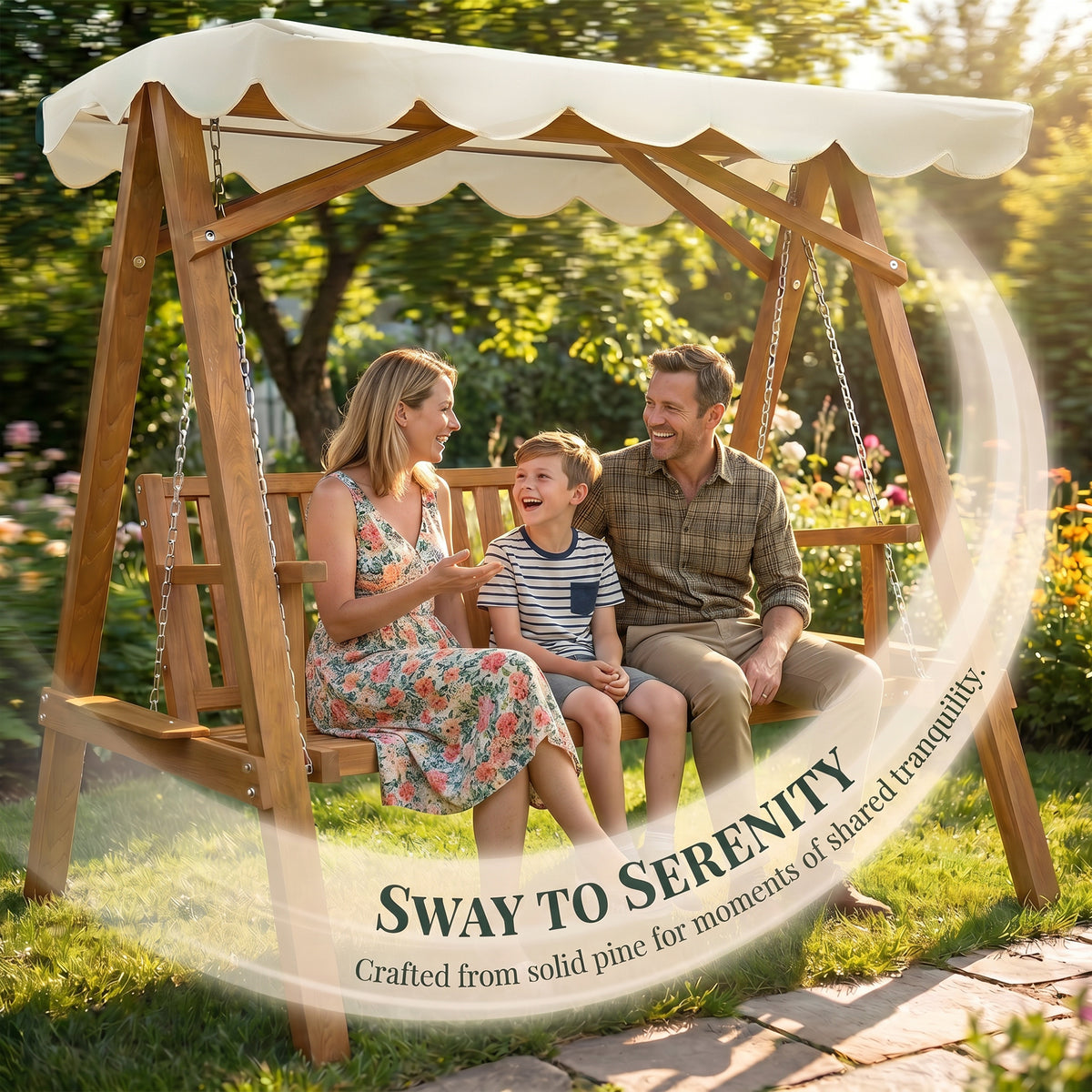 Outsunny 3 Seater Garden Swing Seat with Canopy, Wooden Swing Chair, Outdoor Hammock Bench for Balcony Patio Porch, Cream White
