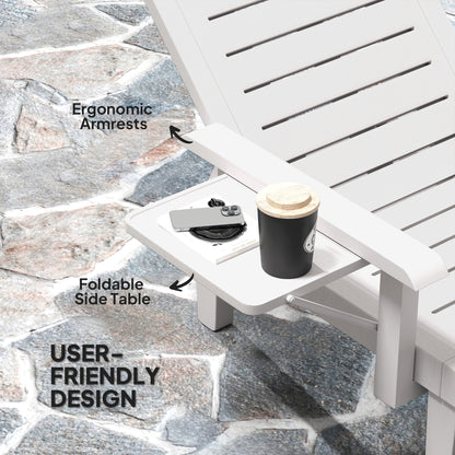 Outsunny Set of 2 Resin Reclining Sun Loungers for Garden, 5 Positions Adjustable Outdoor Chaise Lounge Chairs with Wood Texture Surface, Armrests, Foldable Side Table for Garden, Beach, White