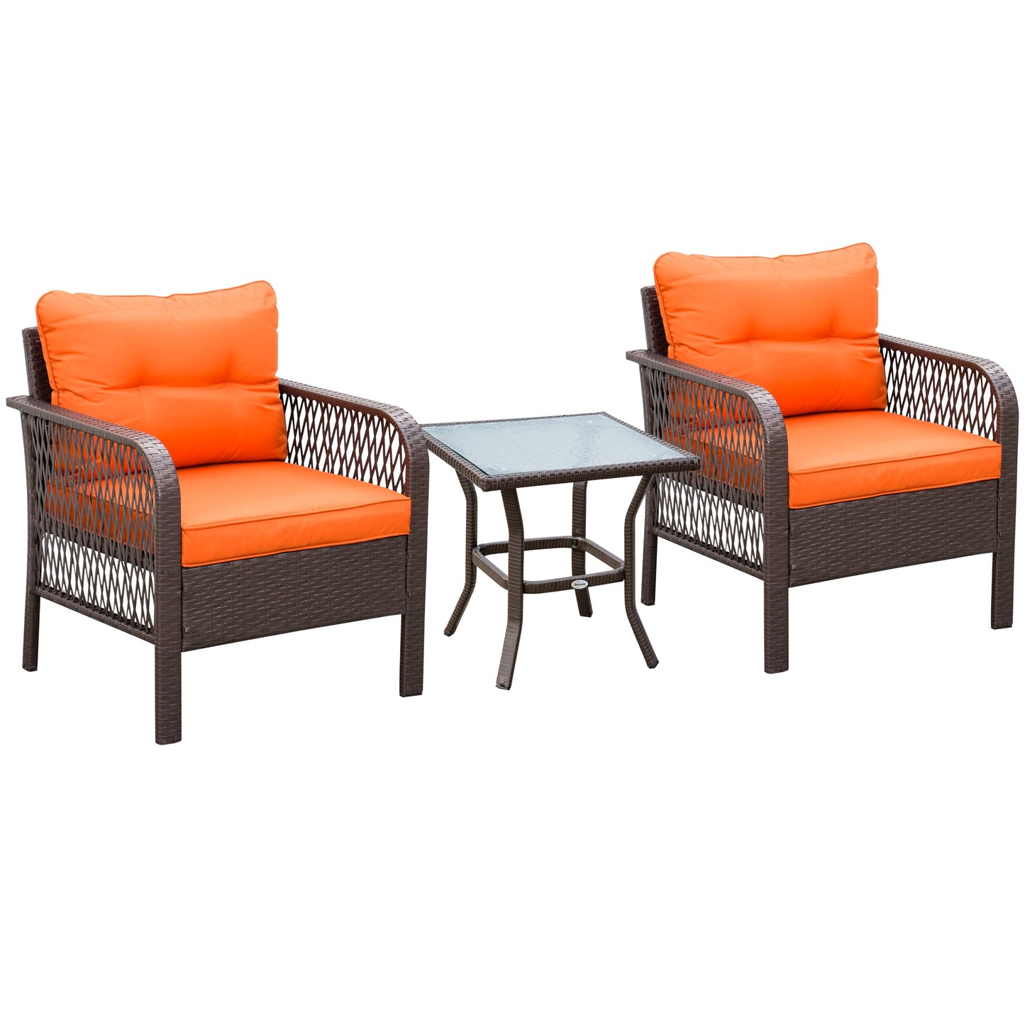 Outsunny 3 Pieces Rattan Bistro Set, Wicker Garden Furniture Set with Glass Top Coffee Table and Chairs, Thickened Cushions for Outdoor, Patio, Balcony, Orange