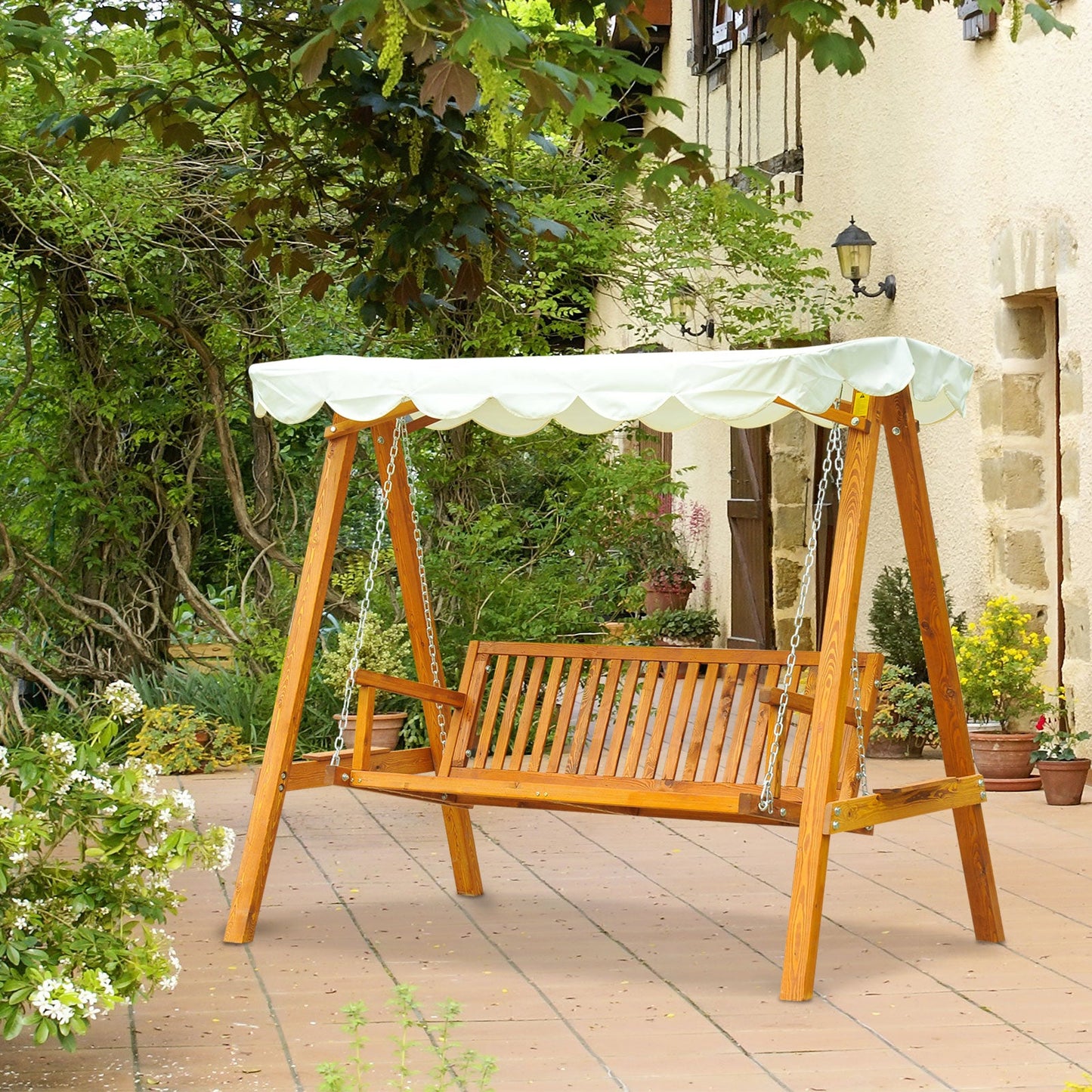 Outsunny 3 Seater Wooden Garden Swing Seat Canopy Swing Chair Outdoor Hammock Bench, Cream White