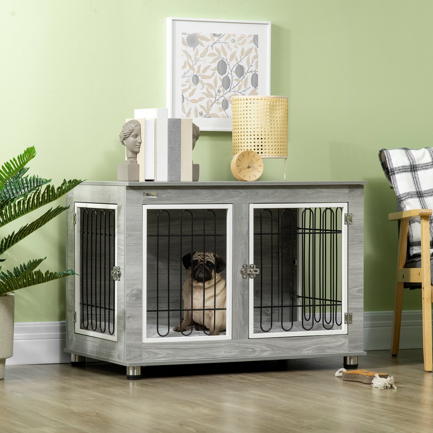 PawHut Dog Crate Furniture, Side End Table, Indoor Dog Kennel with Soft Washable Cushion, Wire Mesh, Large Top, for Medium and Large Dogs,90 x 58 x 65, Grey