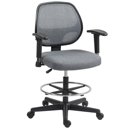 Vinsetto Drafting Chair, Fabric Office Chair, Ergonomic Painting Chair with Height Armrest Adjustable and Foot Ring, 360 Swivel Stool Chair for Standing Desk, Grey