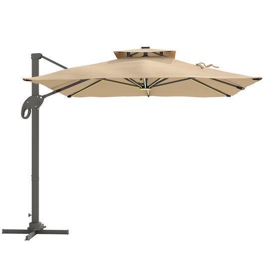 Outsunny 3 x 3(m) Aluminiowy kwadratowy daszek przeciwsłoneczny z regulowanym kątem nachylenia słupka Khaki