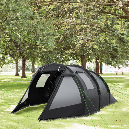 Outsunny 3-4 Man Tunnel Tent, Two Room Camping Tent with Windows and Covers, Portable Carry Bag, for Fishing, Hiking, Sports, Festival - Black
