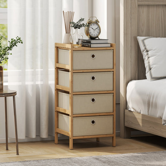 HOMCOM Chest of Drawers, 4 Fabric Drawers Narrow Dresser with Bamboo Frame, Cream White