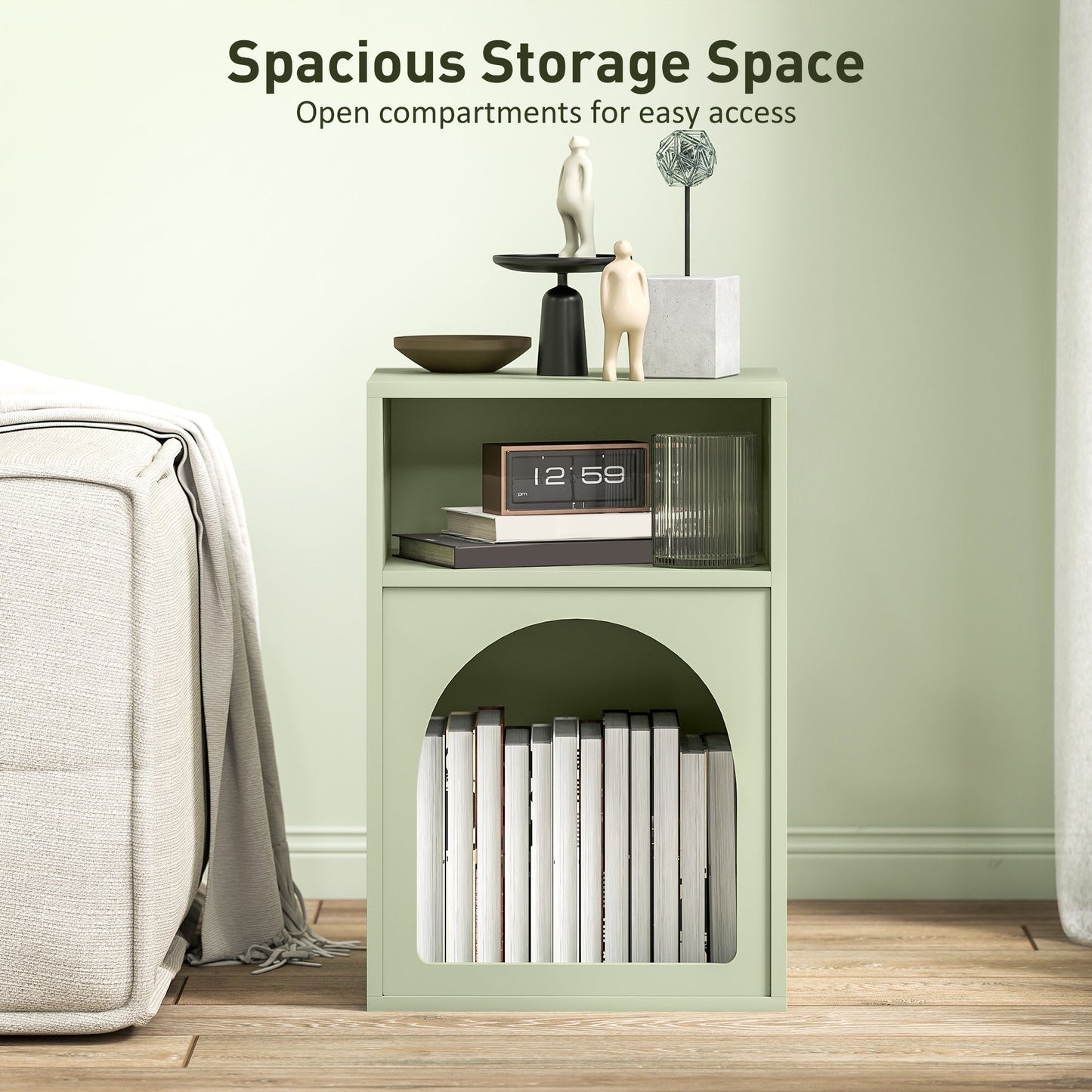 HOMCOM Bedside Table with 2 Open Compartments - Light Green