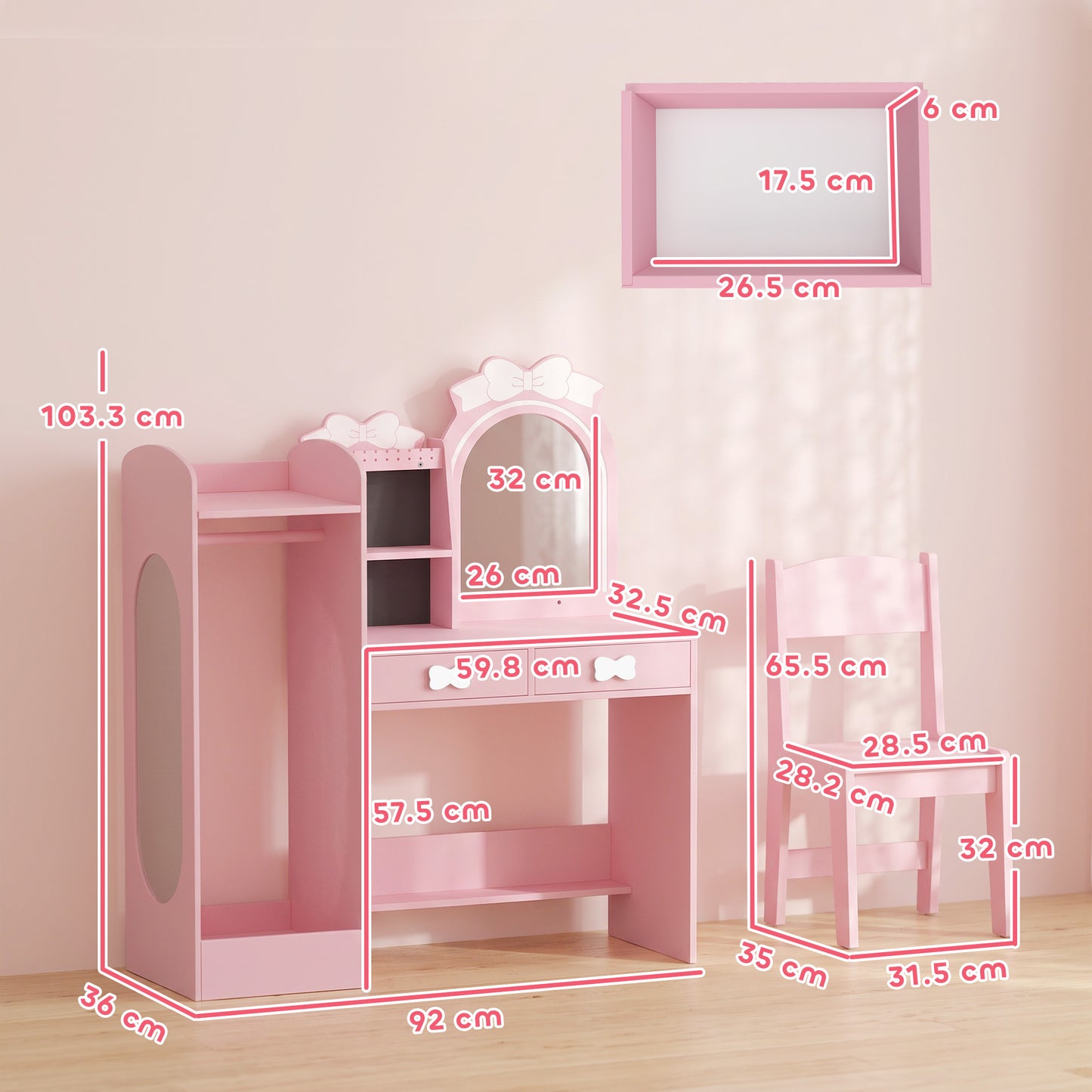 AIYAPLAY Kids Dressing Table, 3-in-1 Kids Vanity Set with Stool, 2-Colour Lights Mirror, Clothes Rack for Ages 3-8, Pink