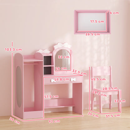 AIYAPLAY Kids Dressing Table, 3-in-1 Kids Vanity Set with Stool, 2-Colour Lights Mirror, Clothes Rack for Ages 3-8, Pink