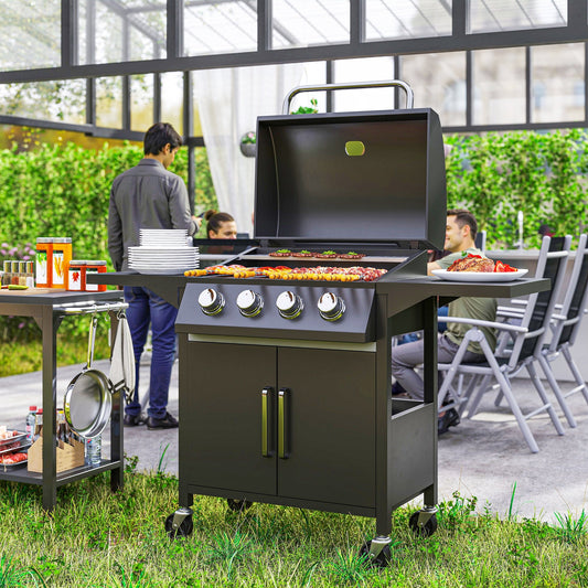 Outsunny 4-palnikowy grill gazowy, przenośny wózek do grillowania na zewnątrz z rusztem do podgrzewania, półkami bocznymi, szafką do przechowywania, termometrem