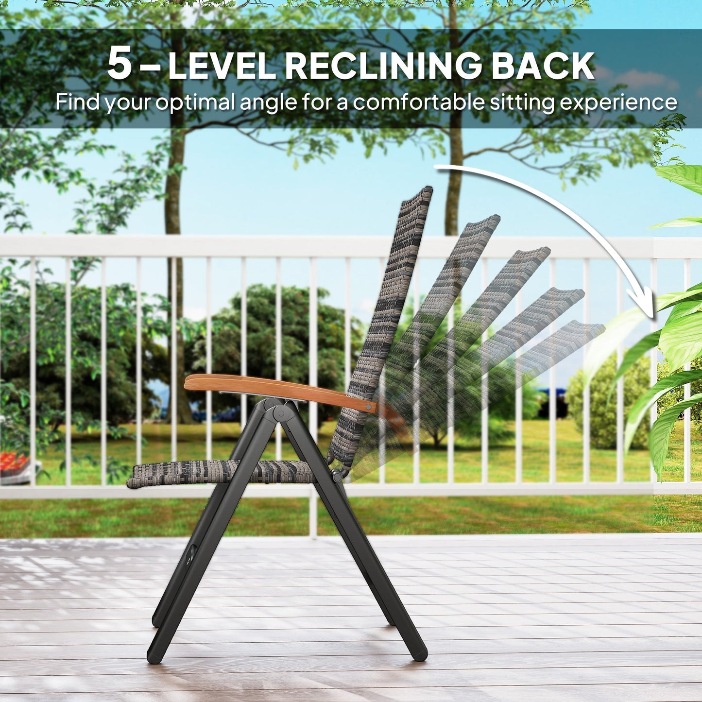 Outsunny 2 Pieces Folding Rattan Garden Dining Chairs with 5-level Reclining High Back, Wood Armrests for Outdoor - Mixed-grey