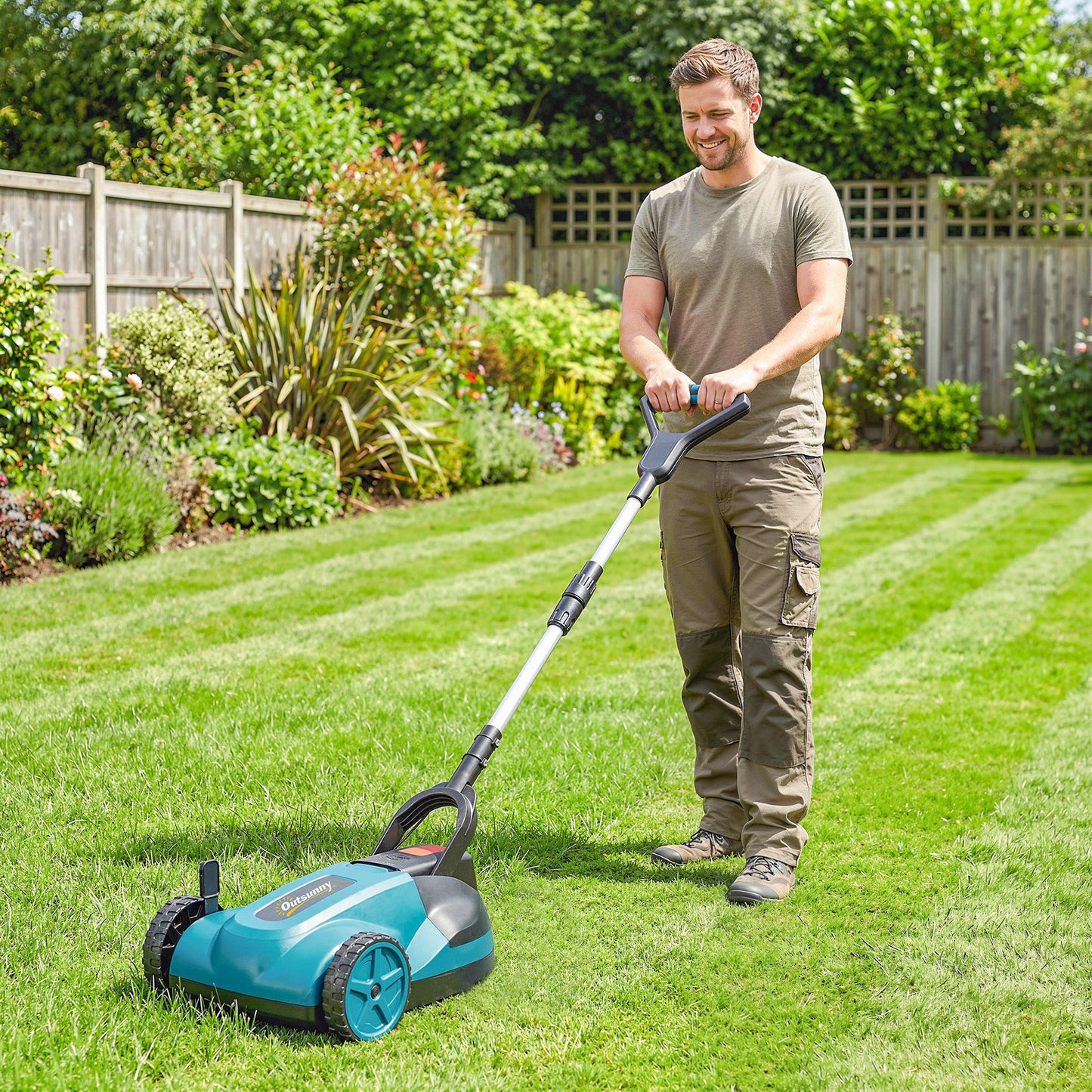 Outsunny 18V Cordless Lawnmower with 2 x 4Ah Batteries & Charger, Battery Lawn Mower with 21cm Cutting Width, 3 Cutting Heights