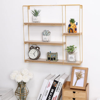 Stylish Square 4-Tier Wall Shelf with Golden Iron Rings – Easy Installation Included