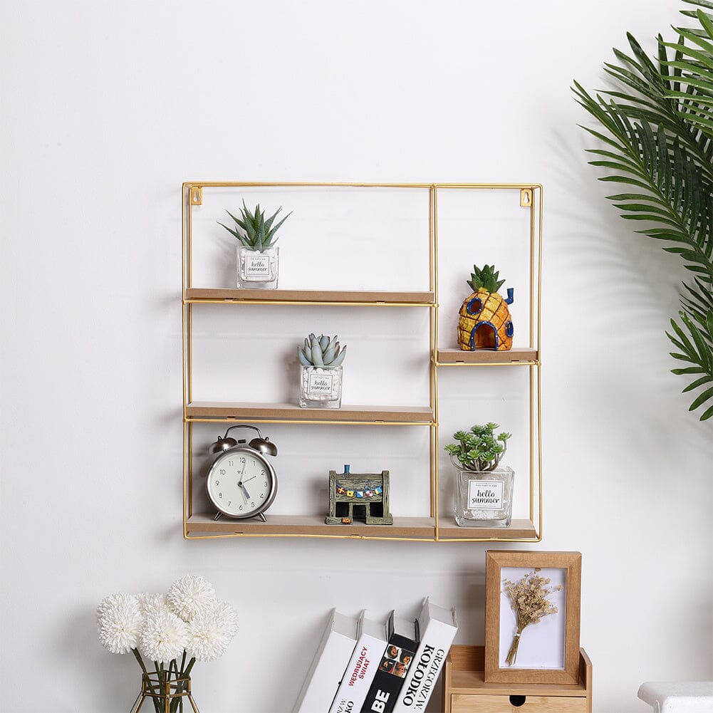 Stylish Square 4-Tier Wall Shelf with Golden Iron Rings – Easy Installation Included