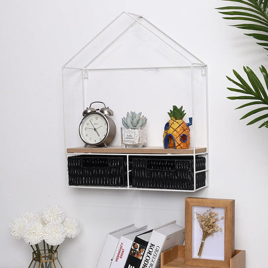 Sleek Elongated 2-Tier Wall Shelf with White Iron Rings – Easy Installation Included