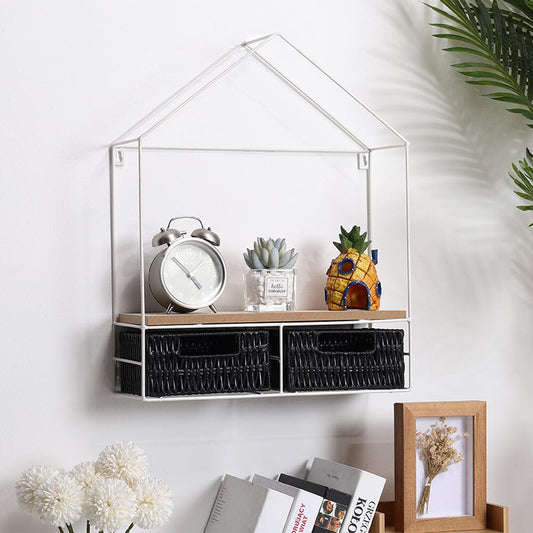 Sleek Elongated 2-Tier Wall Shelf with White Iron Rings – Easy Installation Included