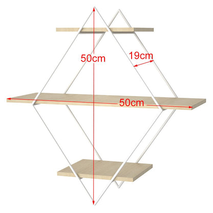 Stylish Diamond 3-Tier Wall Shelf with White Iron Rings – Easy Installation Included