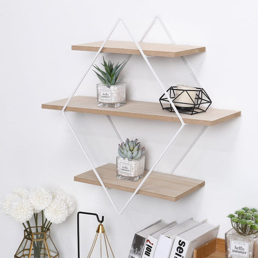 Stylish Diamond 3-Tier Wall Shelf with White Iron Rings – Easy Installation Included