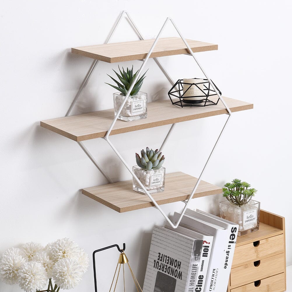 Stylish Diamond 3-Tier Wall Shelf with White Iron Rings – Easy Installation Included