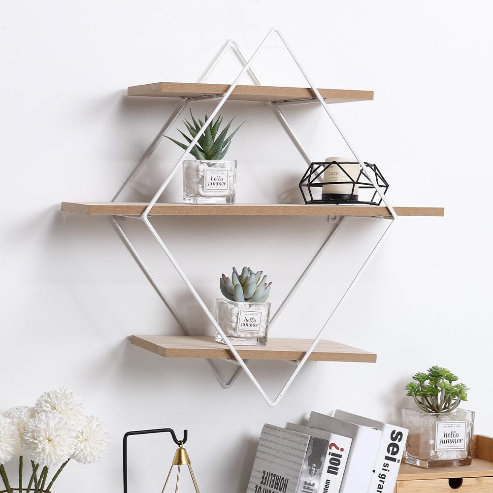 Stylish Diamond 3-Tier Wall Shelf with White Iron Rings – Easy Installation Included