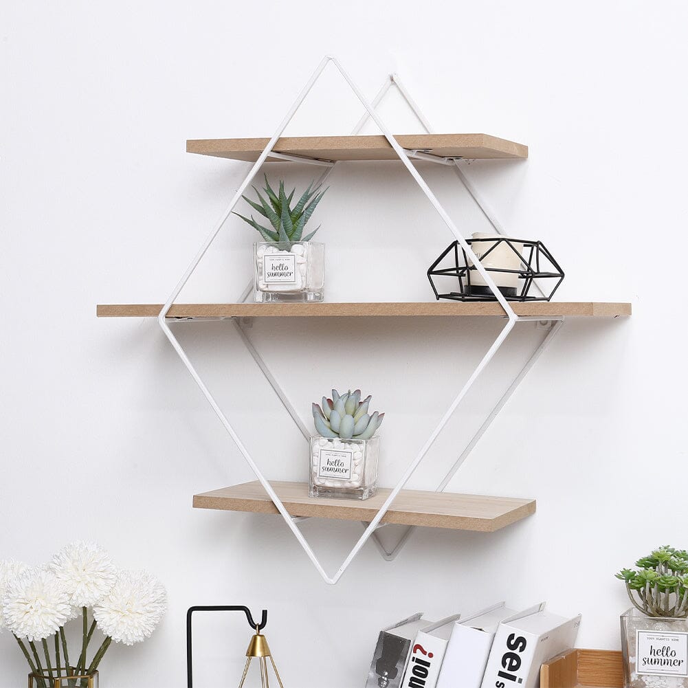 Stylish Diamond 3-Tier Wall Shelf with White Iron Rings – Easy Installation Included