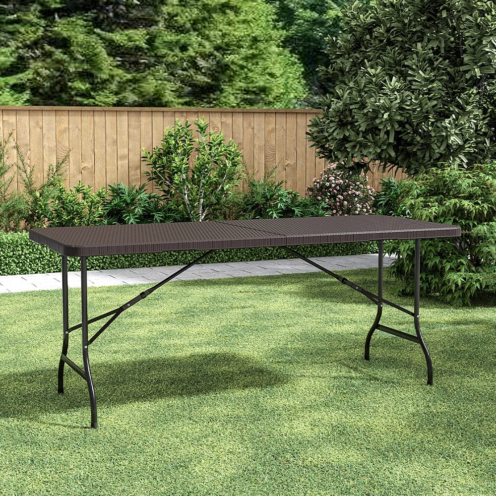 Rattan Plastic Outdoor Folding Table Bench Set Brown