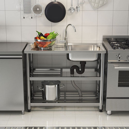 Stainless Steel One Compartment Sink with Drainboard and Shelf