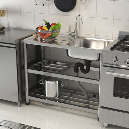 Stainless Steel One Compartment Sink with Drainboard and Shelf