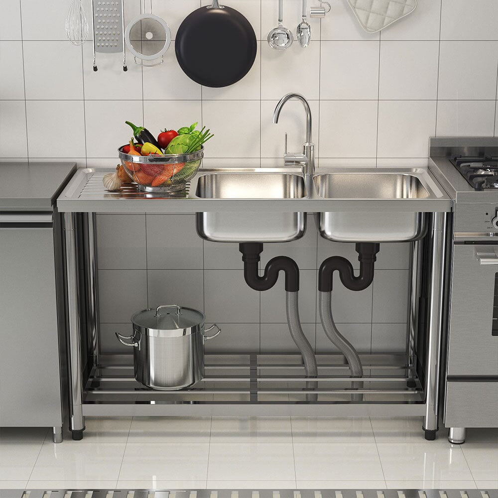 Stainless Steel One Compartment Sink with Drainboard and Shelf