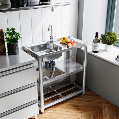 Stainless Steel One Compartment Sink with Shelves and Drainboard