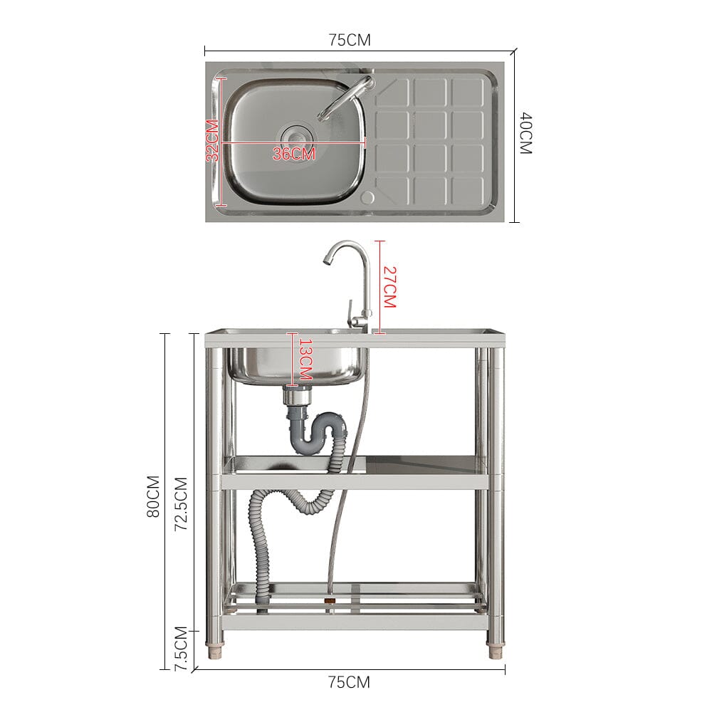 Stainless Steel One Compartment Sink with Shelves and Drainboard