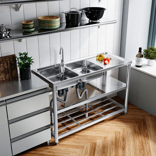 Steel Two Compartment Sinks with Shelves and Drainboard