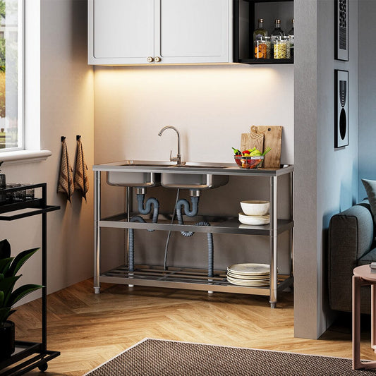 Steel Two Compartment Sinks with Shelves and Drainboard