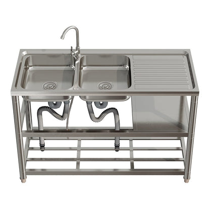 Steel Two Compartment Sinks with Shelves and Drainboard