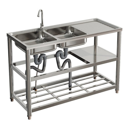 Steel Two Compartment Sinks with Shelves and Drainboard