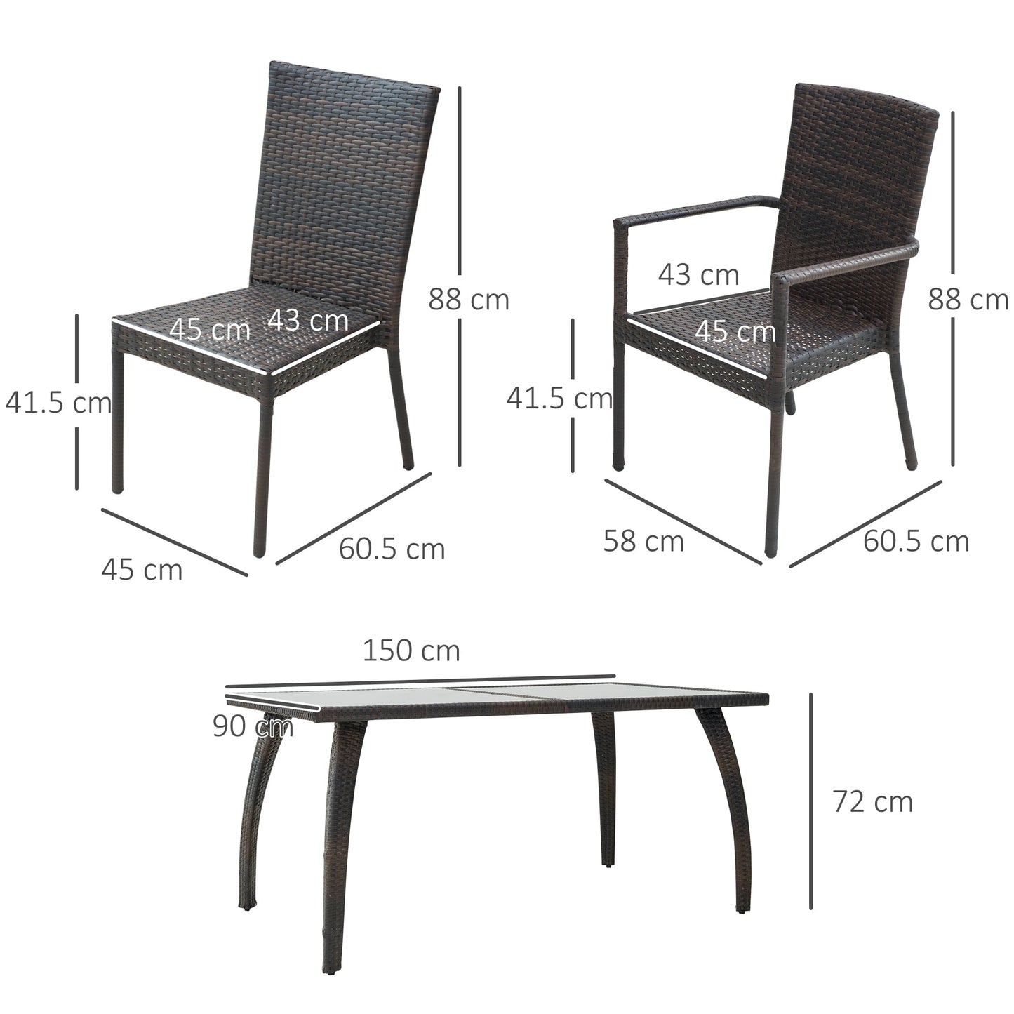 Outsunny 6 Seater Rattan Dining Set with Cushions, Rattan Garden Furniture Set, Outdoor Dining Table and Chairs with 6 Stackable Armchairs, Rectangular Glass Top Table for Patio, Balcony, Brown