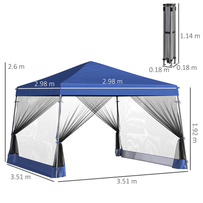 Outsunny 3.6 x 3.6m حديقة خارجية منبثقة مظلة مظلة مظلة شمسية مأوى للمناسبات قابلة للطي مع جدران جانبية لشاشة شبكية - أزرق