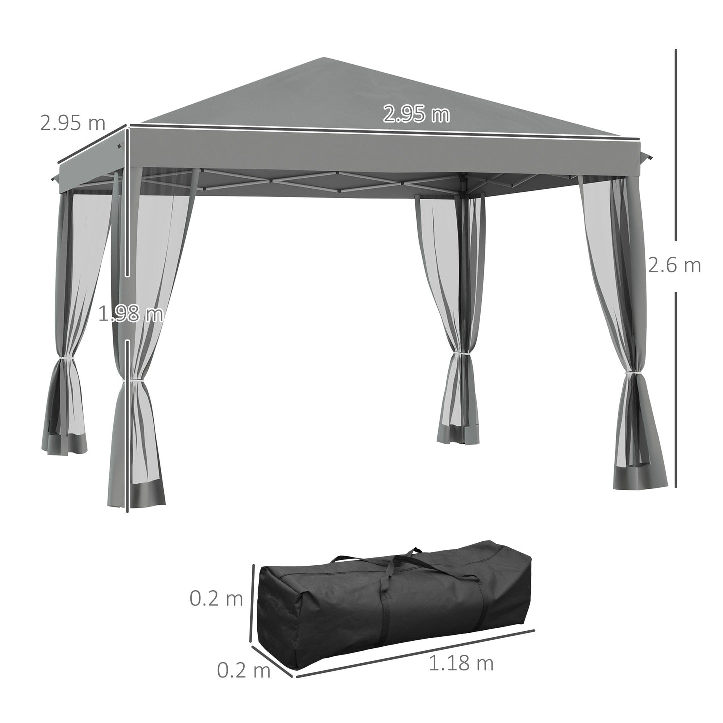 Outsunny 3 x 3 m Pop Up Gazebo, Garden Tent with Removable Mesh Sidewall Netting, Carry Bag for Backyard Patio Outdoor Light Grey