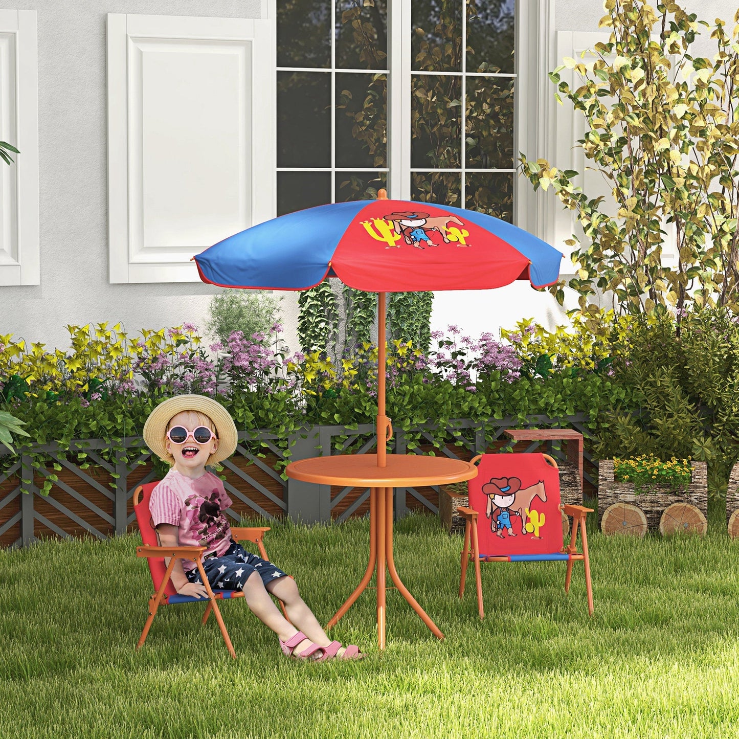 Outsunny Kids Picnic Table and Chair Set Cowboy Themed Outdoor Garden Furniture w/ Foldable Chairs, Adjustable Parasol