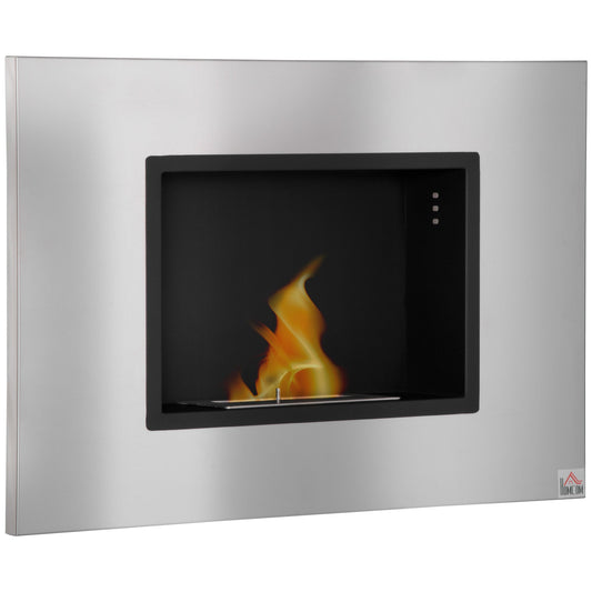 HOMCOM Wall Mounted Ethanol Fireplace, Stainless Steel Bioethanol Heater Stove Fire with 1.2L Tank, 3 Hour Burning Time, 78 x 54 cm, Silver