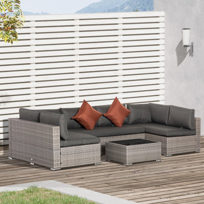 Outsunny 6-Seater Garden Rattan Furniture PE Rattan Sofa Set، أثاث خارجي مناسب لجميع الأحوال الجوية، مع طاولة قهوة من الزجاج المقسى، رمادي غامق