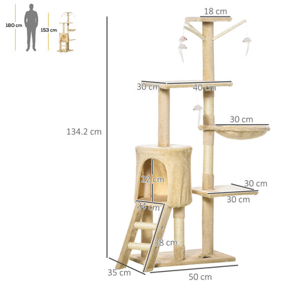 PawHut Cat Tree House, 131H cm-Beige