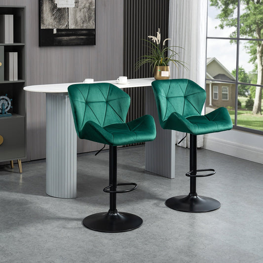 HOMCOM Bar Stools Set Of 2, Velvet-Touch Barstools with Metal Frame Footrest and Adjustable Height, Green