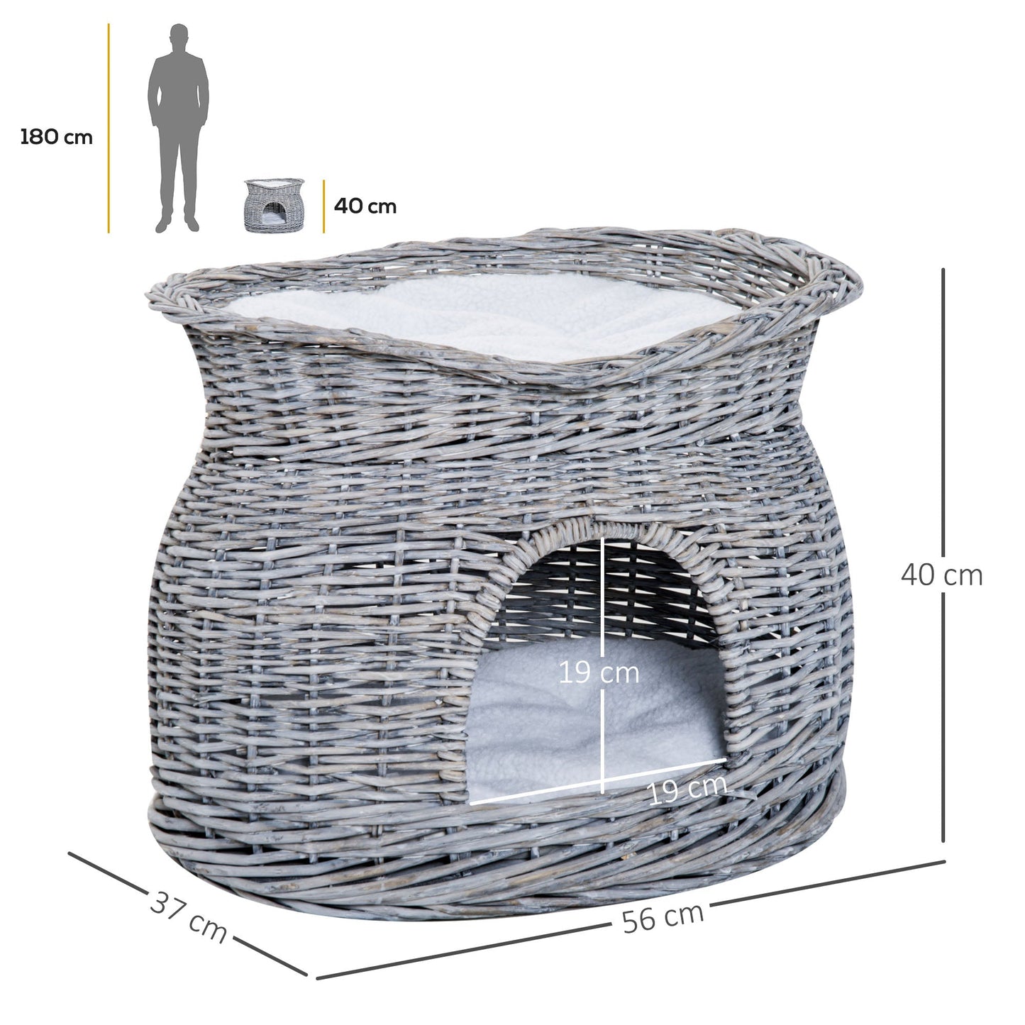 PawHut 2-Tier Wicker Cat House Elevated Pet Bed Basket Willow Kitten Tower Pet Den. with Washable Cushions 56x37x40cm Grey