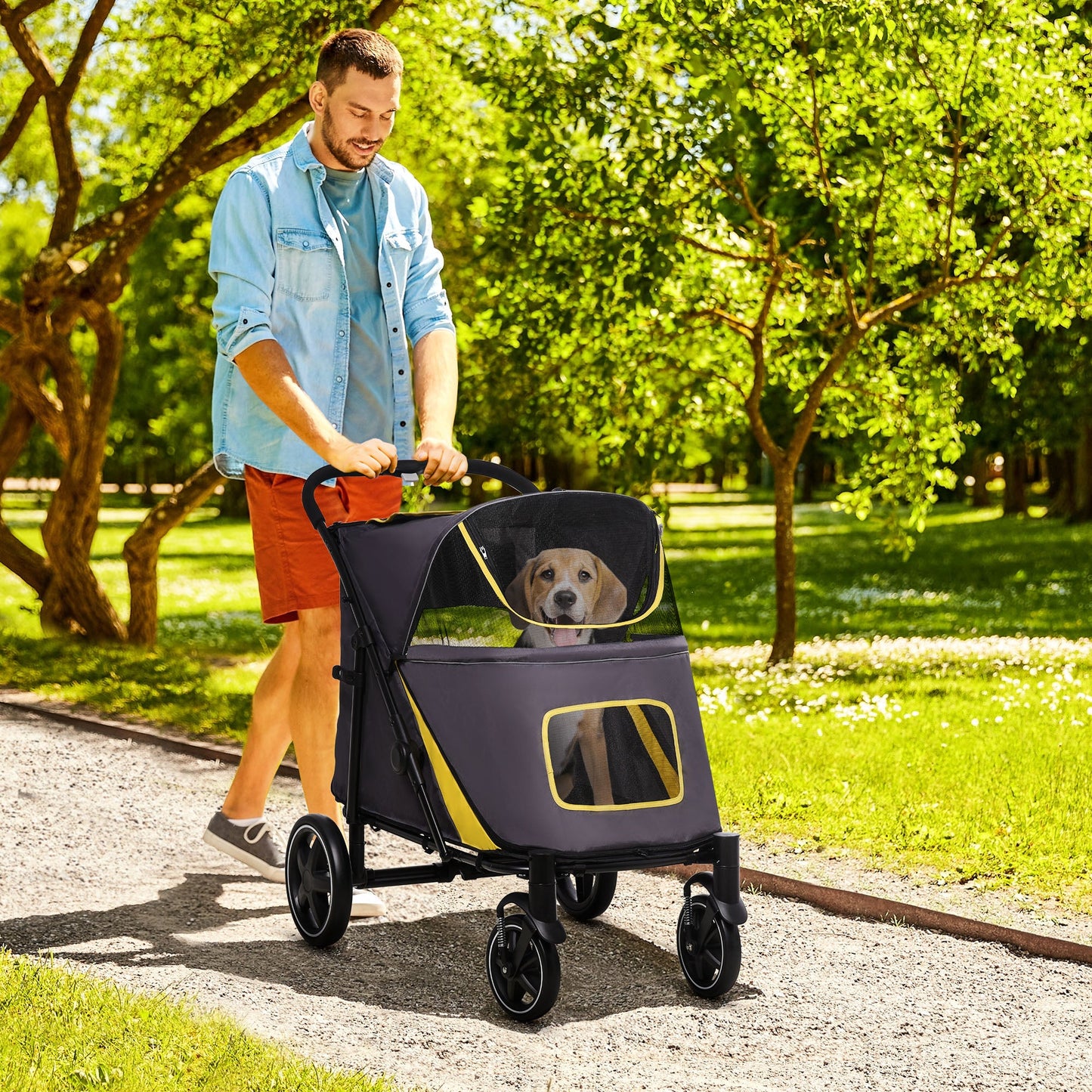 PawHut Foldable Pet Stroller, with Universal Wheels, Shock Absorber, for Medium and Large Dogs - Grey